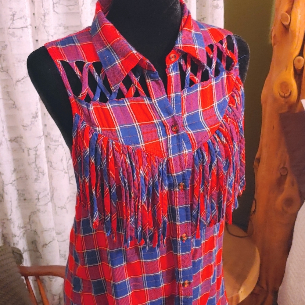 Fringed plaid tank